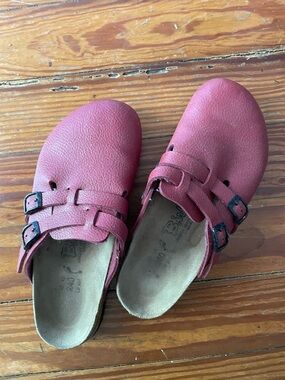 Birkenstock/Birkis Red Leather Dual-Buckle Slip-On Clogs